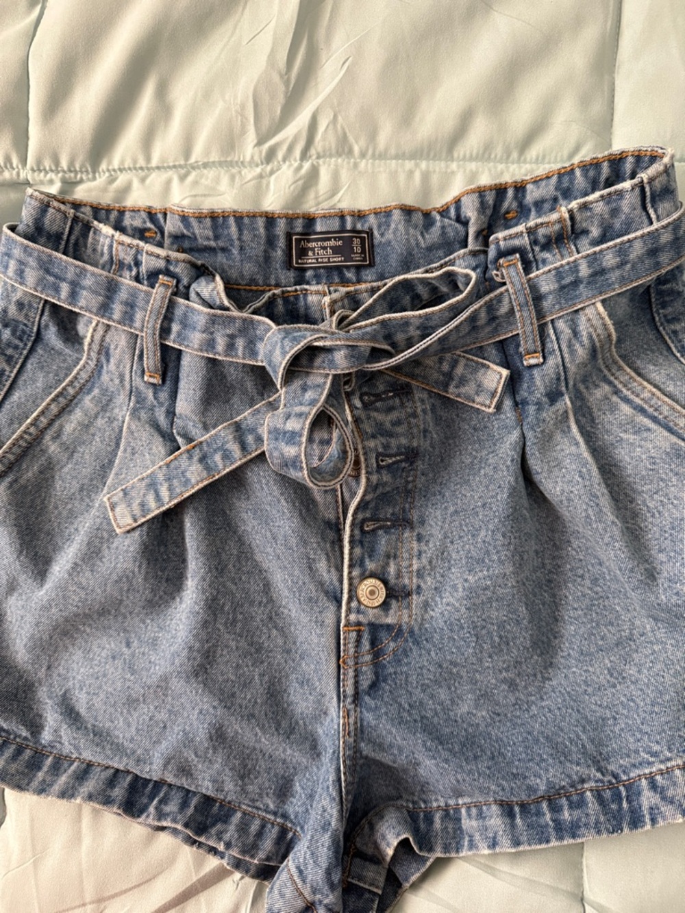 Abercrombie & Fitch Light Blue High-Waist Paperbag Denim Shorts with Tie Belt